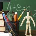 Front view wooden figurine with academic cap books